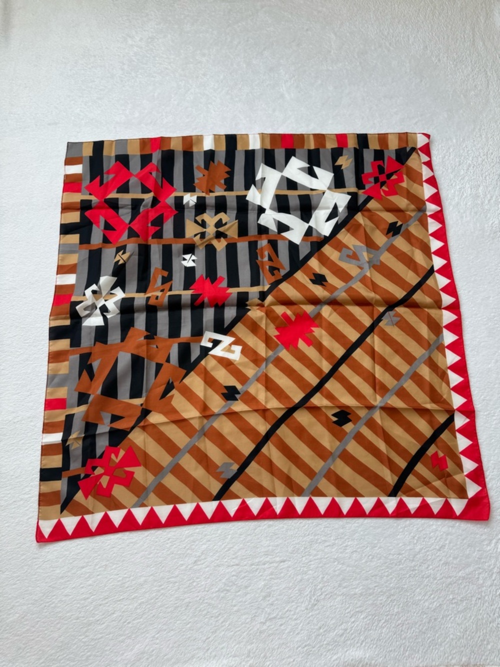 Geometric Pattern Scarf in Black, Brown, Red & Cream - Picture 3 of 6